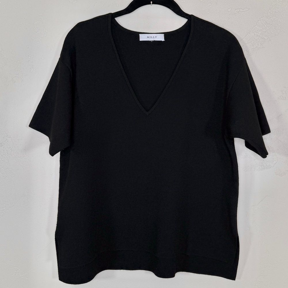 Milly Short Sleeve V-Neck High Low Split Hem Sweater
